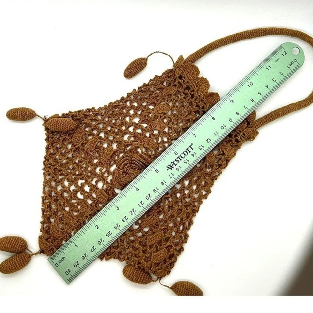 Vintage Handmade Open Crochet Drawstring‎ Handbag Purse Bag Unlined